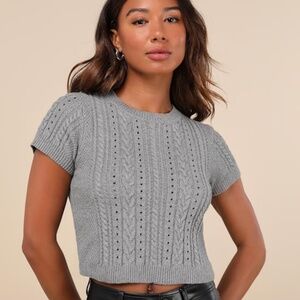 Lulus Modish Ways Heather Grey Cable Knit Short Sleeve Sweater Top - Size XS
